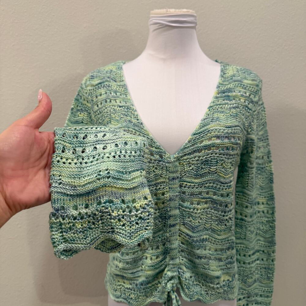 Mint Green Open Knit Ruched Sweater Long Bell Sleeves Scalloped Hem V Neck Airy - Picture 6 of 10